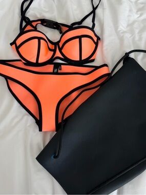 RARE TRIANGL Neoprene Bikini Set in Neon Coral with Black Trim